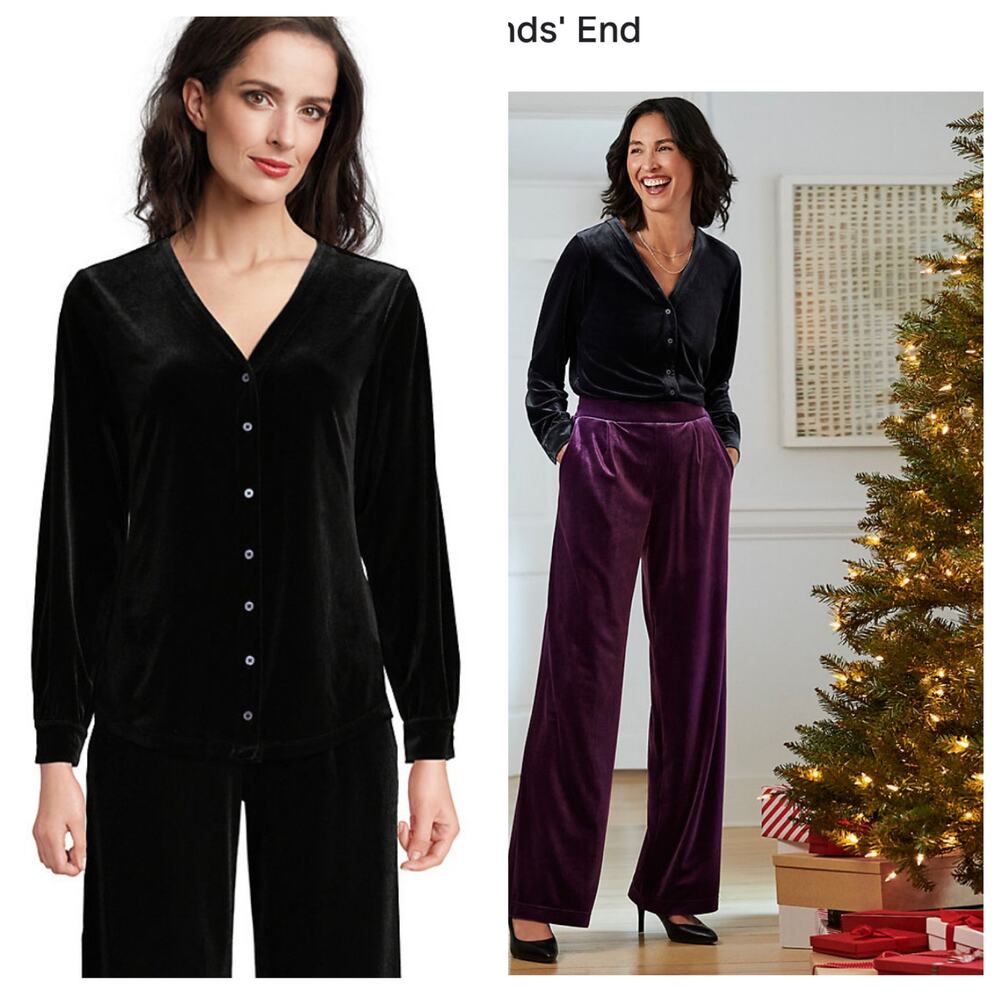 Lands End Black Velvet Button Front Top V Neck Sz M 10-12 Old Money Cozy Luxury